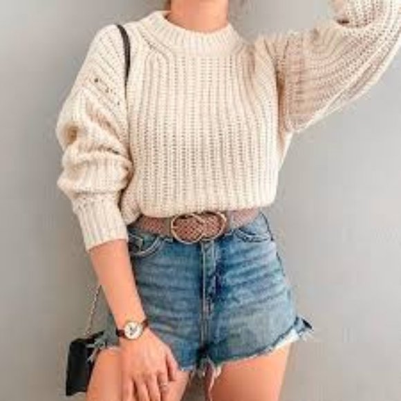 Topshop Sweaters - Topshop Pointelle Detail Crewneck Ivory Sweater